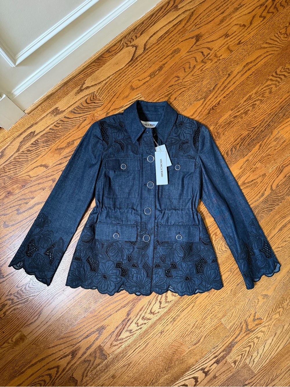 Veronica Beard Kiki Scalloped Lace-Trim Embroidered Peplum Jacket